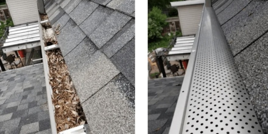 Webster's Windows gutter guard installation, before and after comparison