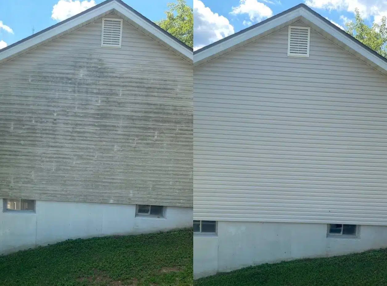 Webster's Windows siding washing service, before and after on a residential home