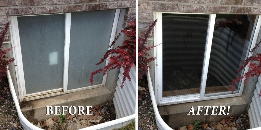 Webster's Windows technician cleaning residential windows, before and after